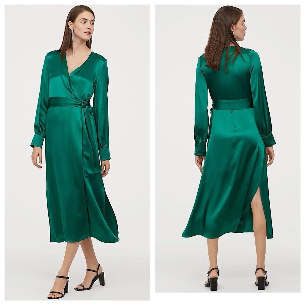 H&M Satin Wrap Front Dress Womens Sz 4 Green Long Sleeve Side Slits Formal NWT